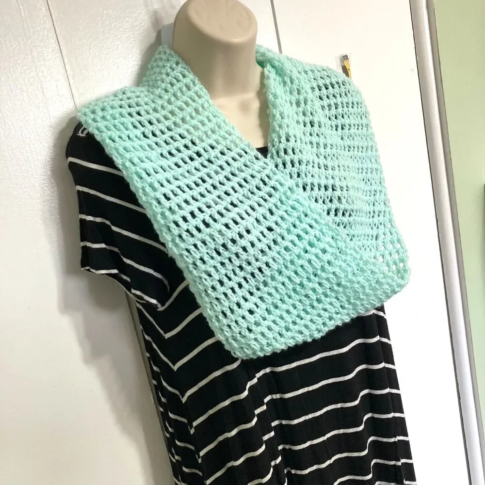 Infinity Scarf Light Teal Blue Windowpane Crochet Design 40 x 7.5 inches